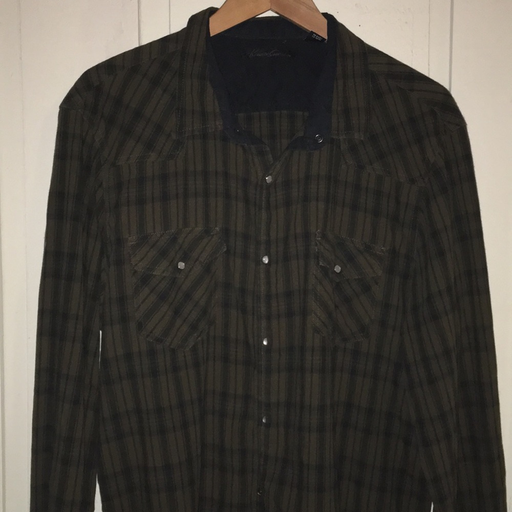 Kenneth Cole army green plaid snap button shirt